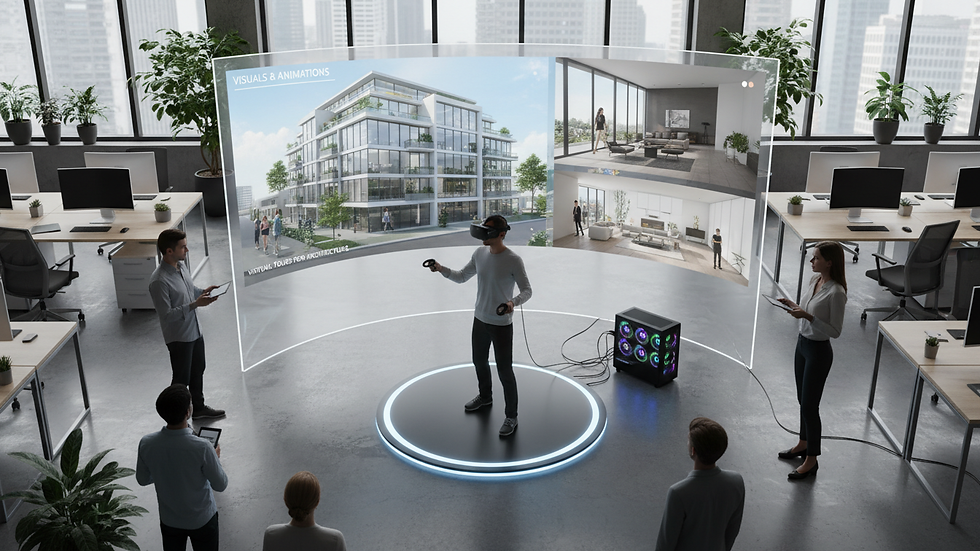 High angle view of a virtual reality architectural walkthrough setup in a modern office