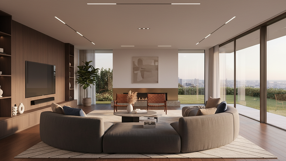 Wide angle view of a virtual interior living room 3D rendering
