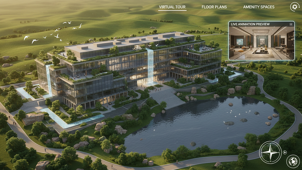 High angle view of a commercial building 3D model integrated with surrounding landscape