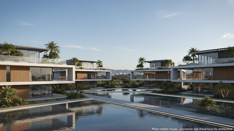 Eye-level view of a photorealistic 3D architectural rendering of a modern residential complex
