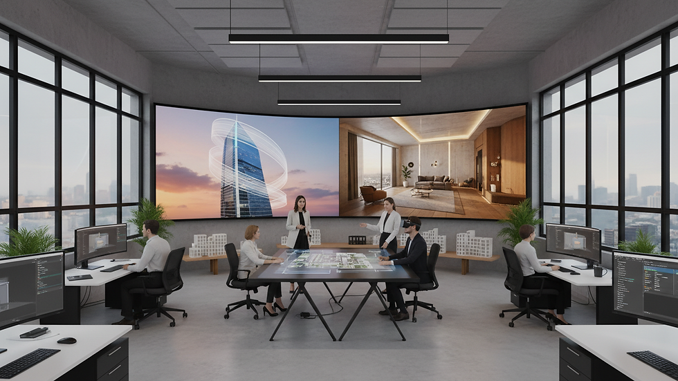 Wide angle view of a modern office space with architectural visualization screens