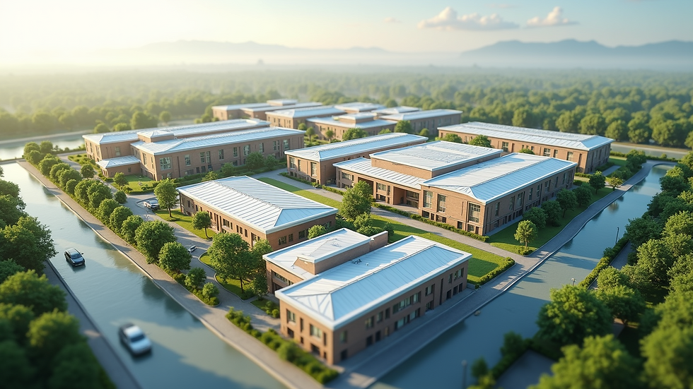 High angle view of a commercial complex 3D visualization with surrounding landscape