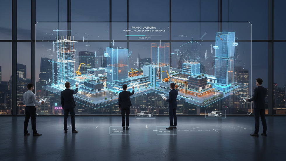 Wide angle view of a digital architectural model with animated construction phases