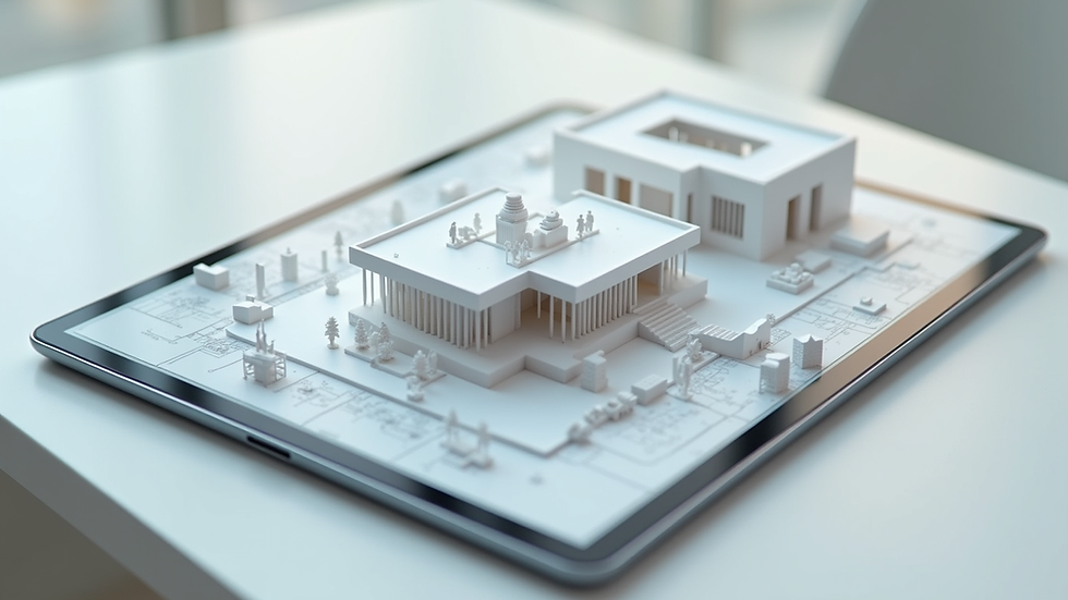 High angle view of a 3D architectural model on a digital tablet