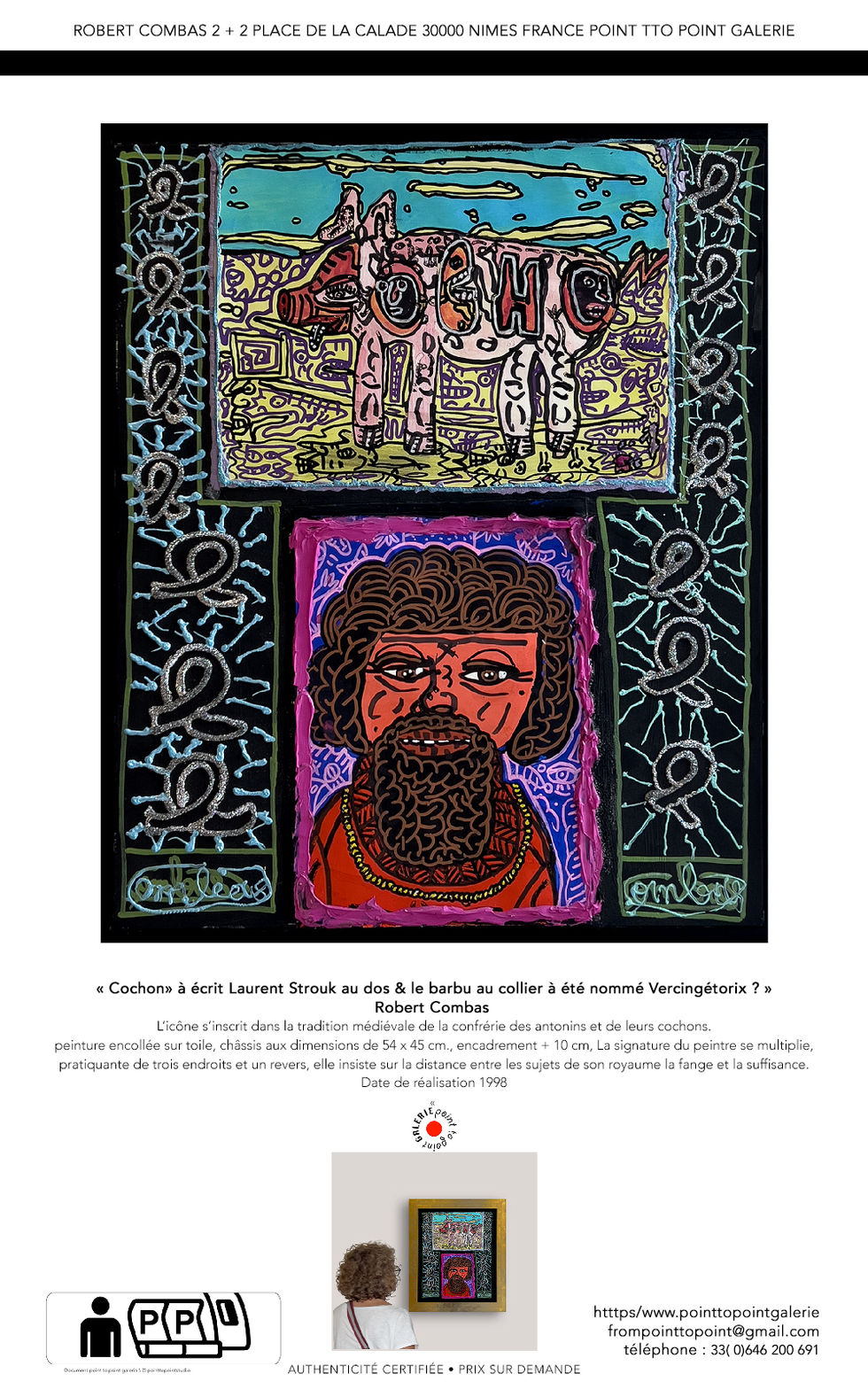 L’icône s’inscrit dans la tradition médiévale de la confrérie des antonins et de leurs cochons.
peinture encollée sur toile, châssis aux dimensions de 54 x 45 cm