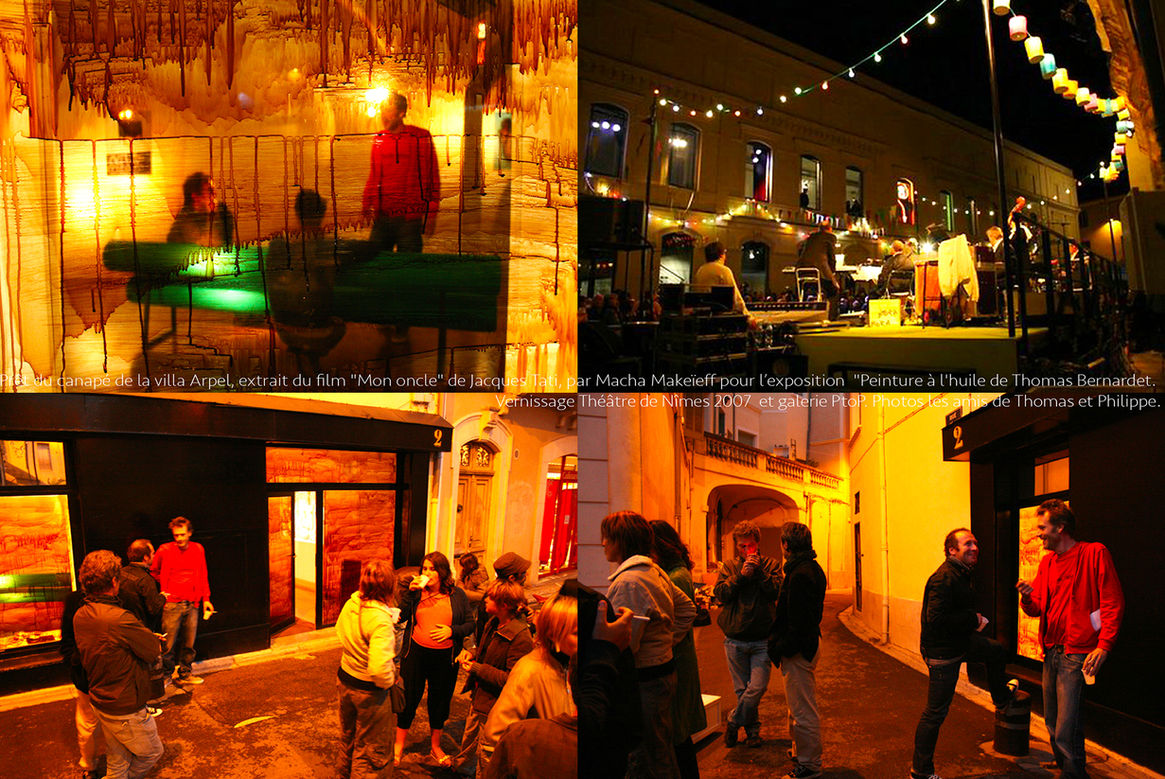 "peinture àl'huile" de Thomas Beernardet fut bien vernie à la pointtopoint galerie. L'exposition brillante et bouillante avait un exceptionnel objet de médiation voire de méditation, la réplique de 275 centimètres du canapé de la propriétaire de villa Arpel dessiné pour le film mon oncle de Jacques Tati prêté généreusement par Macha Makeïeff.