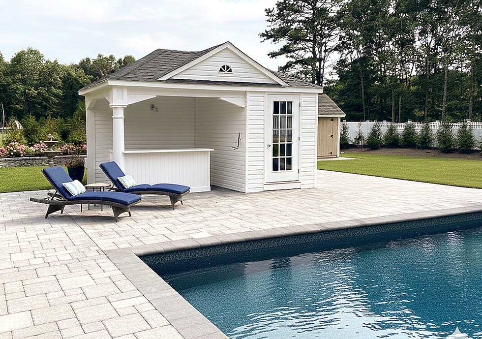 Hip Pavilion Pool House, Vinyl Siding, Aframe Dormer, Round Tapered Column, Privacy Wall_e