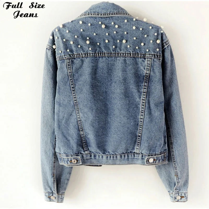 Miniatura: Pearl Beading Black Short Jean Jackets Korean' Cropped Denim Coat.