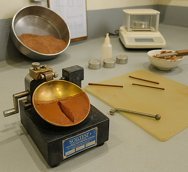 Aluno em laboratório de solos realizando ensaio de Casagrande e peneiramento – disciplina Mecânica dos Solos e Fundações do curso técnico em edificações ITB.