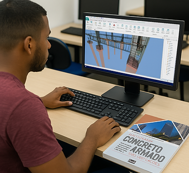 Aluno em laboratório de estruturas utilizando software Eberick e livro de concreto armado – disciplina Sistemas Estruturais do curso técnico em edificações ITB.