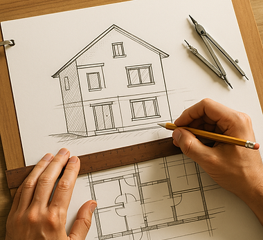 Aluno em prancheta fazendo desenho técnico de plantas e cortes – disciplina Desenho de Construção Civil do curso técnico em edificações ITB.