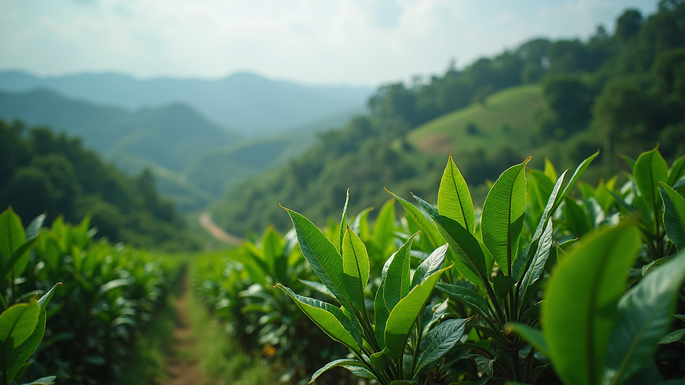 Eye-level view of lush coffee plants growing on a hillside in Myanmar