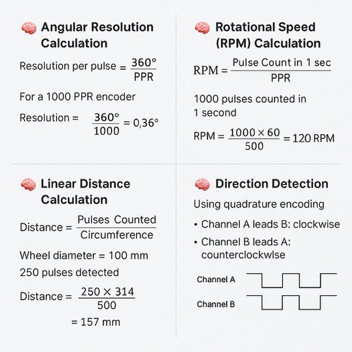 Infographic explaining incremental encoder calculations including angular resolution, rotational speed in RPM, linear distance from pulses, and direction detection using quadrature encoding with formulas and examples.