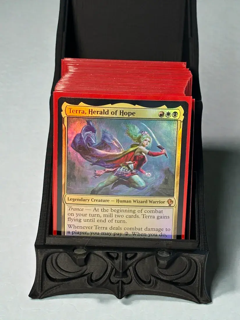 Thumbnail: Deck box black version front view open showing cards
