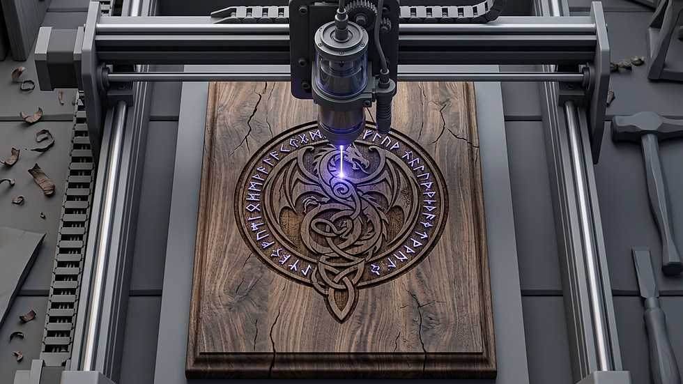Eye-level view of laser engraving machine working on a wooden plaque
