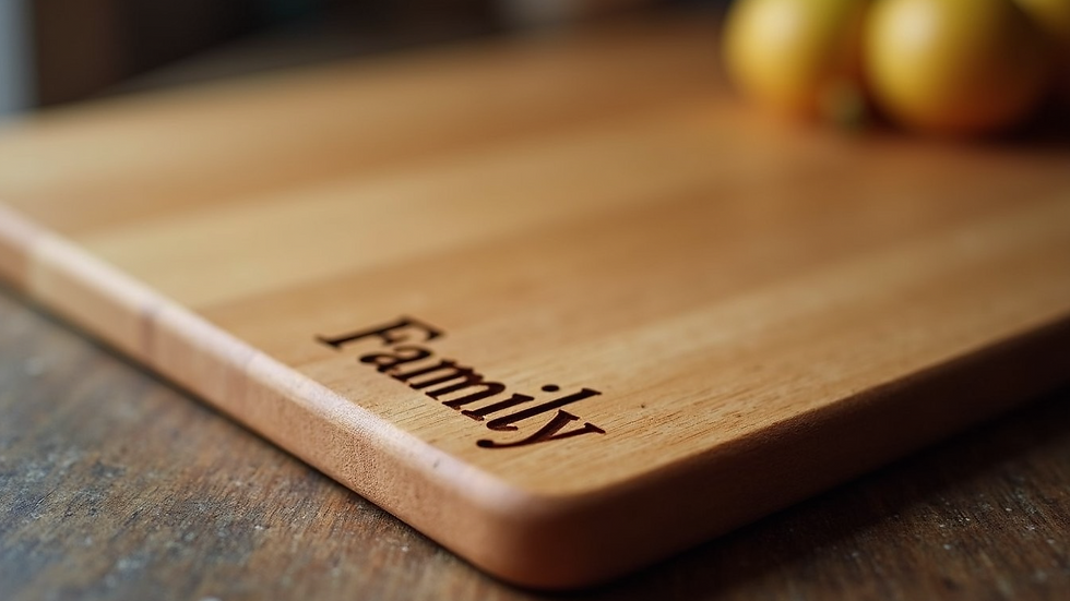 Eye-level view of a wooden cutting board with engraved family name