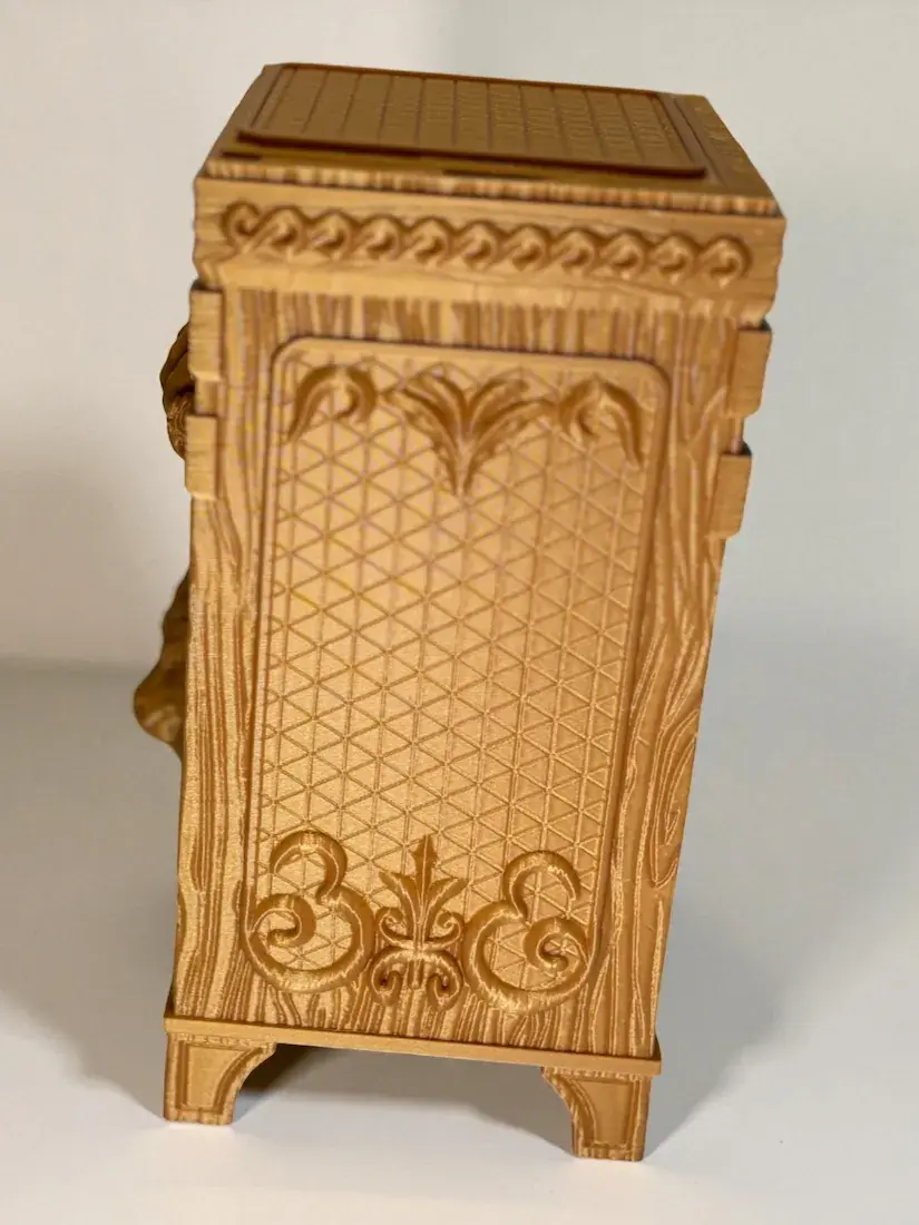 Thumbnail: Side view of Vault of Scales dragon deck box in gold finish