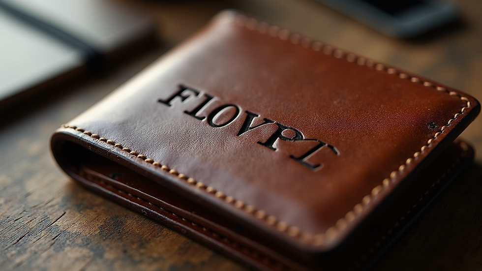 High angle view of engraved leather wallet with initials