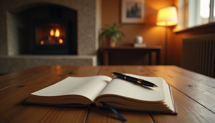 Eye-level view of a cozy room with a journal and pen on a wooden table