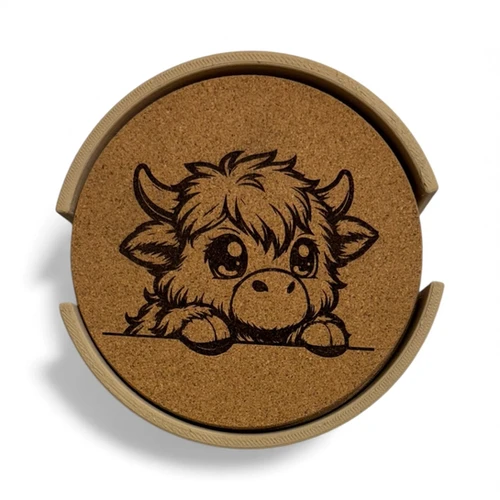 Baby Highland Cow Coaster - Cork-Backed, Premium Print With Heart, Cute Fluffy Cow Design - Protects Surfaces, Perfect Gift For Animal Lovers (10x10cm)