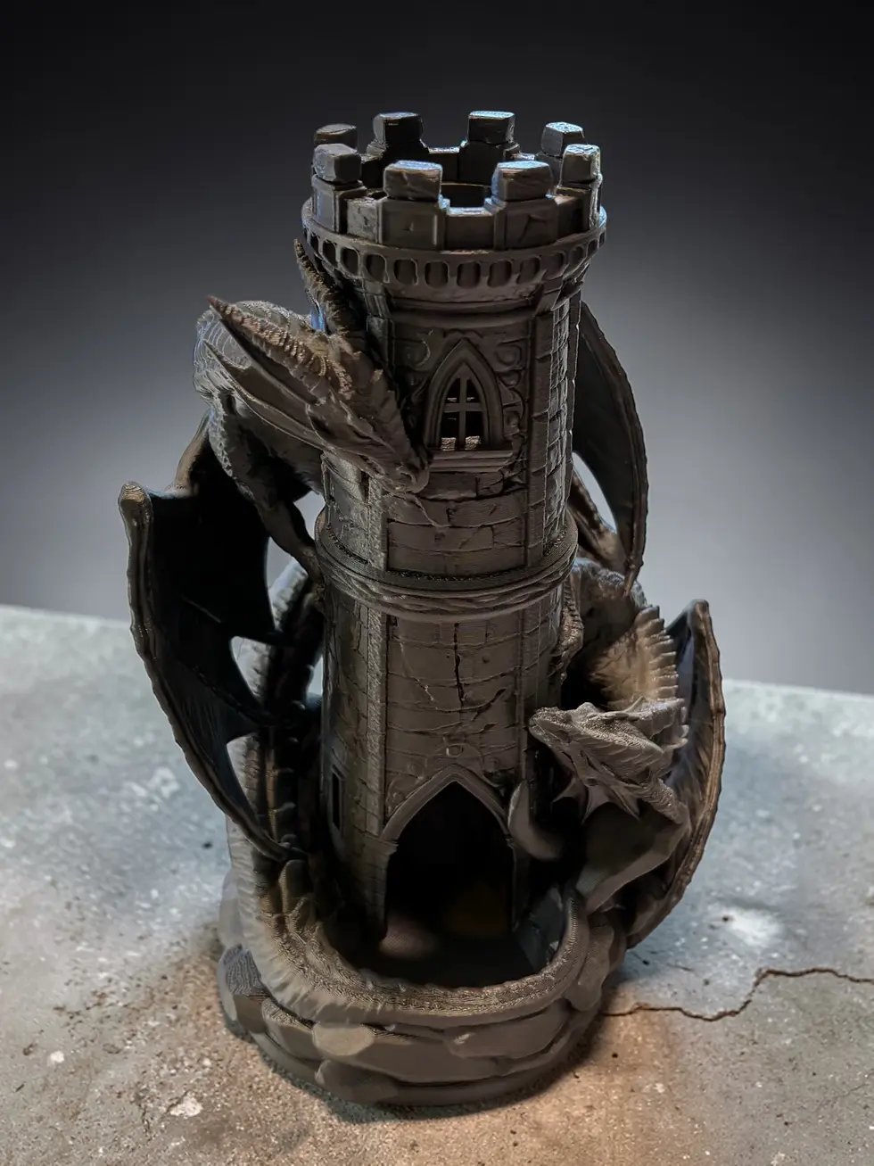 Twin Fate dragon dice tower for Dungeons and Dragons tabletop gaming