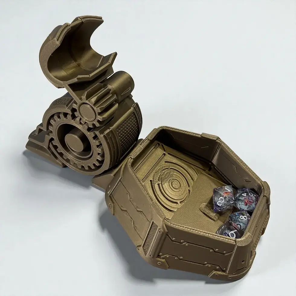 Thumbnail: Front view of copper 3D-printed sci-fi dice thrower, showing clean mechanical design and dice chute.