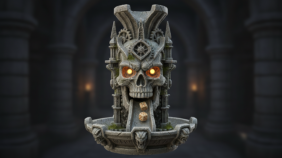 Eye-level view of a fantasy skull dice tower with glowing eyes