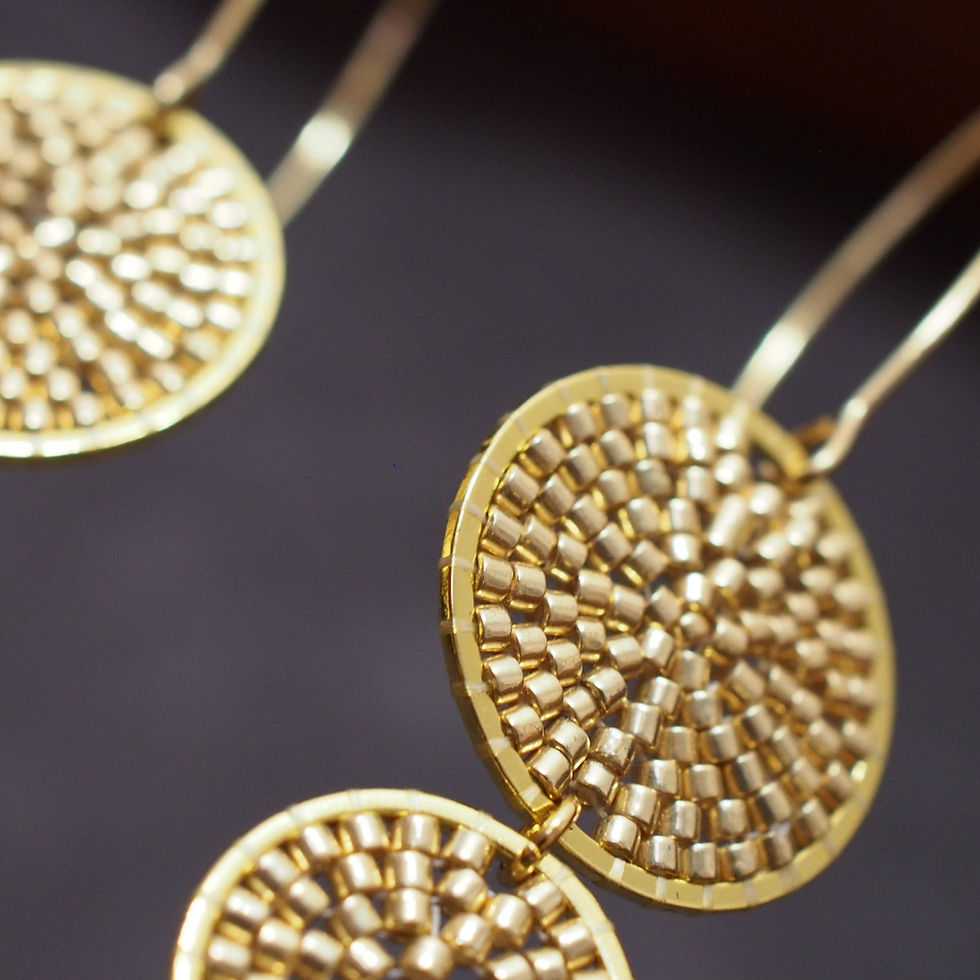 Miniatúra: Golden Cascade Earrings by SashaSi, Collection CASCADES, handcrafted luxury bijoux, limited edition jewelry, steel and glass