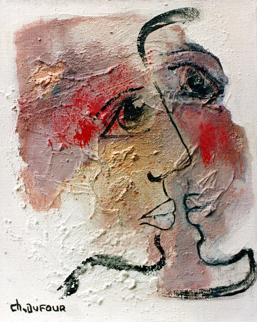 Chantal DUFOUR, peintre plasticienne. Art contemporain. "Le baiser", 1992. Poésie et symbole. Couple. Technique mixte sur toile 27x22cm. Collection particulière