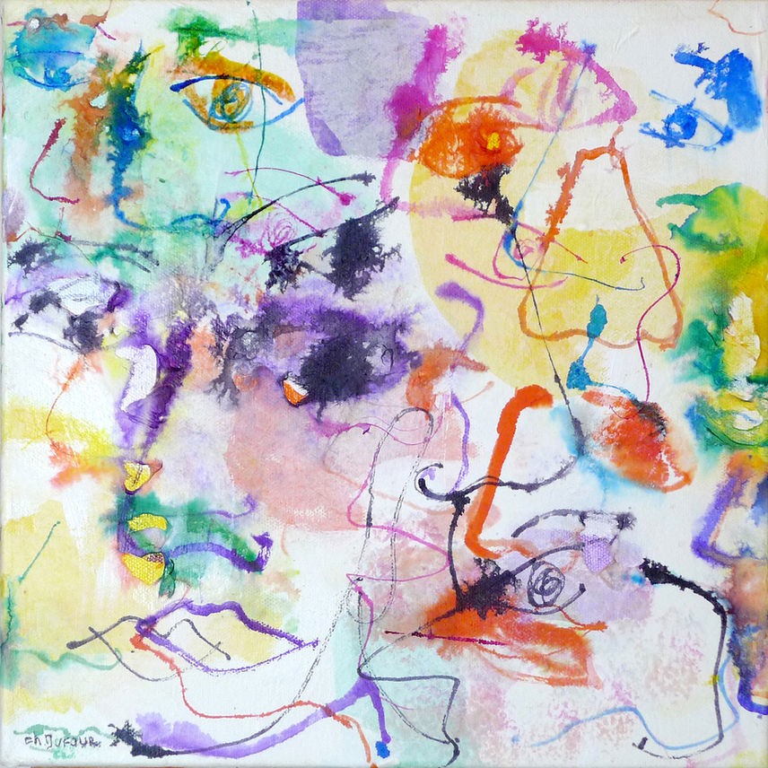 Chantal DUFOUR, peintre plasticienne, art contemporain. "Appel 1", technique mixte sur toile. Format carré 30x30cmx4,5cm. poesie et symbolysme. Ligne, couleur, rythme. Appel. Visages