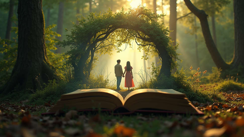 Eye-level view of a beautifully designed book cover featuring a magical forest and two lovers
