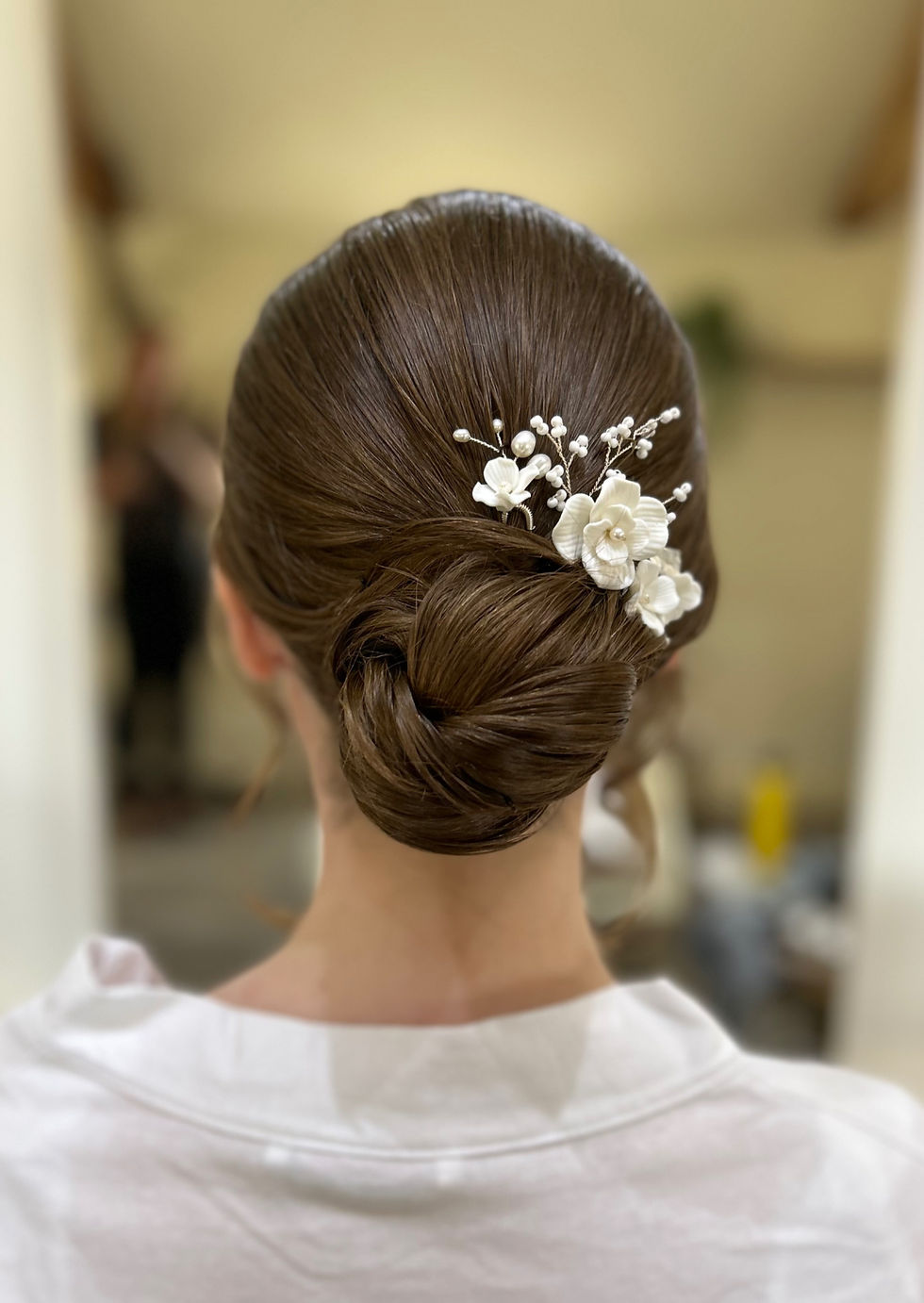 Close-up view of a beautifully arranged bridal hairstyle