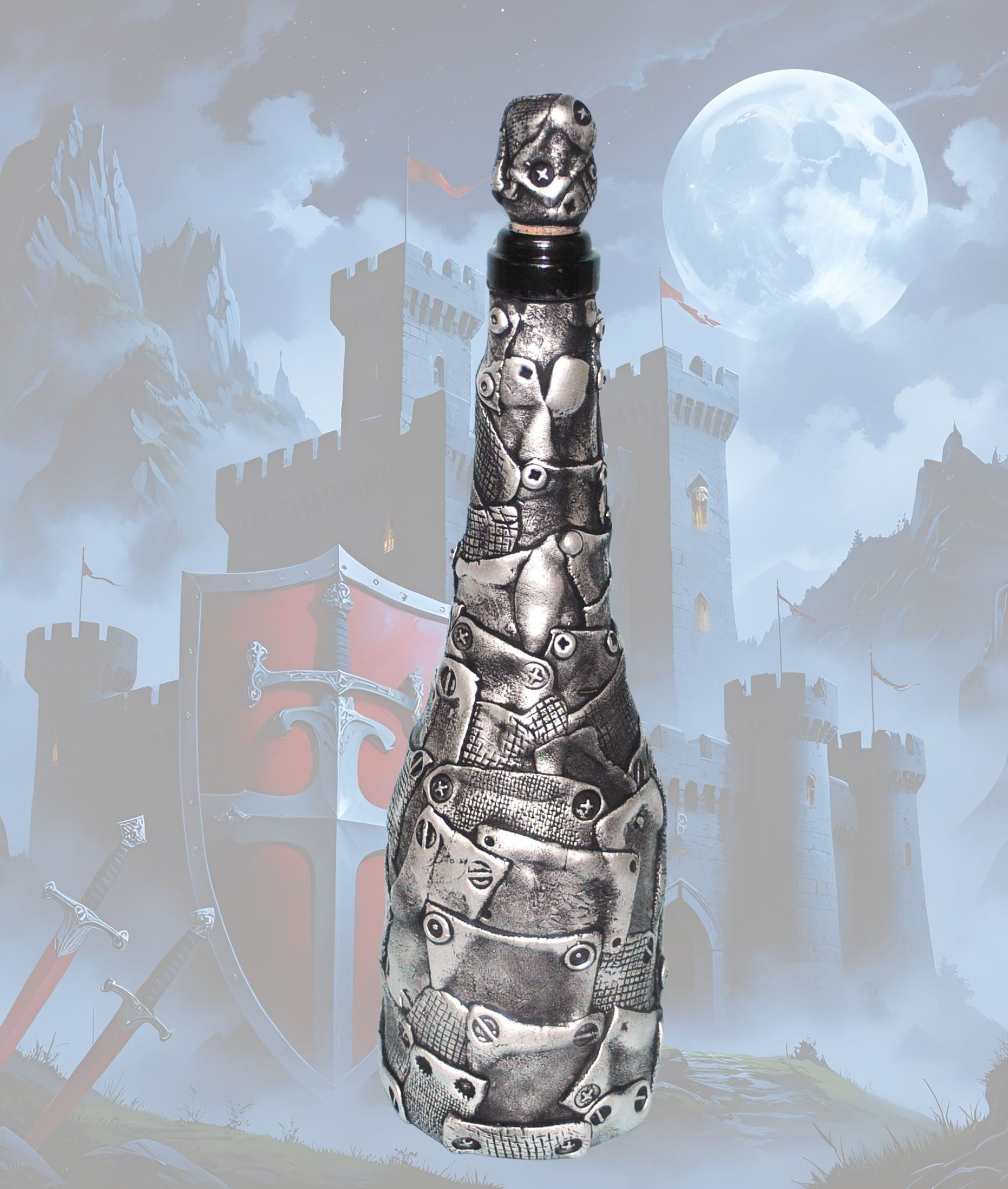 garrafa de vidro decorada estilo medieval, garrafas, garrafa para decoração e utilitária, ateliê fase nova, presentes online,