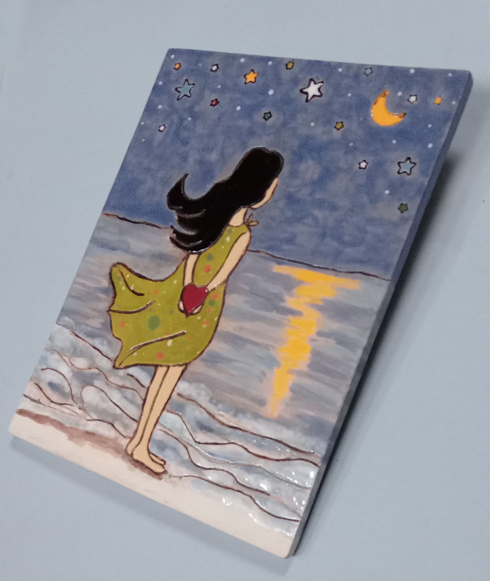 Miniatura: quadro em cerâmica Menina e o Mar, presentes, quadros para decoração, cerâmica artesanal, Ateliê Fase NOva, mar, quadros