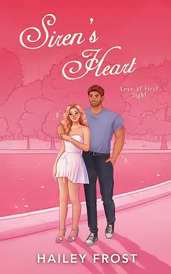 Pink, lighthearted cover for Sirens Heart – Love at first sight by Hailey Frost. The background is completely in pink tones, depicting a serene park. The couple walks in the foreground, a sweet blonde woman, popstar, wearing a light white dress, and a man, taller than her, wearing a blue shirt and jeans. He looks at her adoringly. Fluffy and spicy new adult romance.