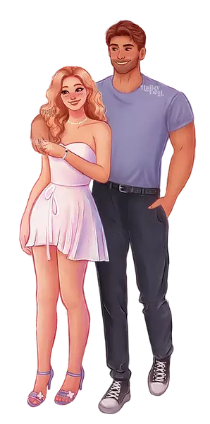 The couple walks in the foreground, a sweet blonde woman, popstar, wearing a light white dress, and a man, taller than her, wearing a blue shirt and jeans. He looks at her adoringly. Fluffy and spicy new adult romance.