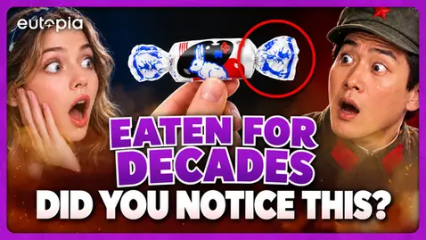 EUTOPIA YouTube thumbnail showing two surprised people looking at a White Rabbit candy, with a red circle highlighting a detail on the wrapper and the headline “Eaten for Decades — Did You Notice This?”