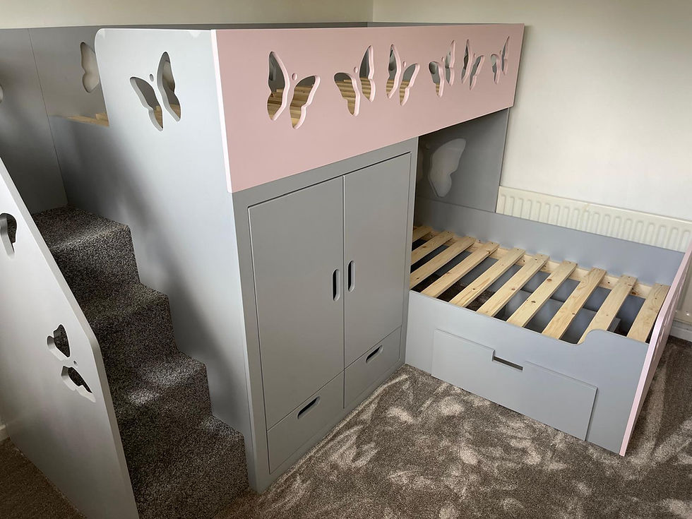 Thumbnail: High-Sleeper Height L Shape Bunk Bed with x10 Front Drawers any pattern & colour