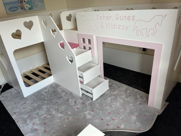 Thumbnail: Mid-Sleeper Quad Bunk Bed (sleeping 3) with Playhouse - any pattern & colours 