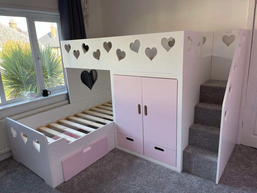 High-Sleeper Height L Shape Bunk Bed with Wardrobe x2 Base Drawers