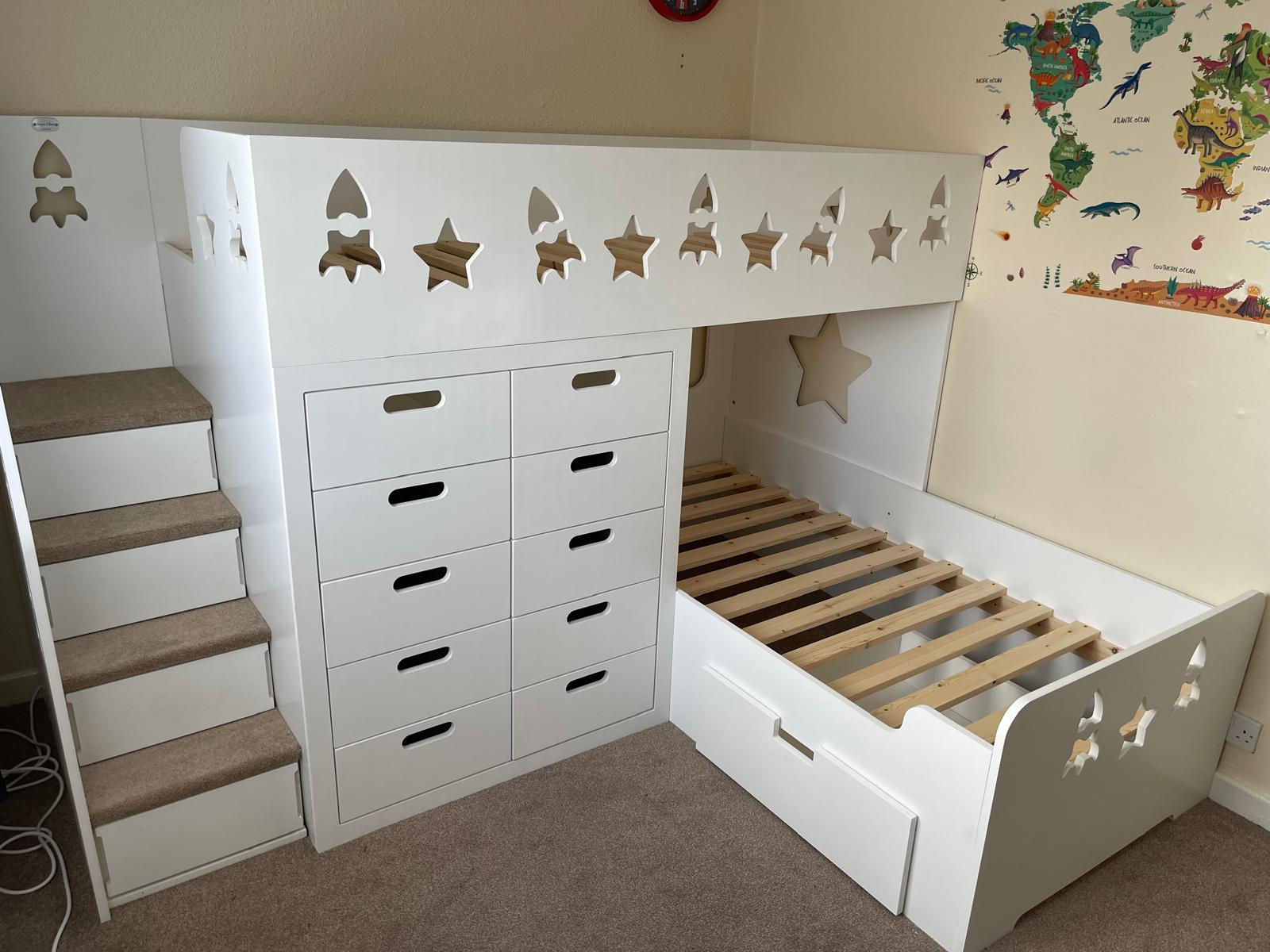 High-Sleeper Height L Shape Bunk Bed with x10 Front Drawers -any colours/pattern