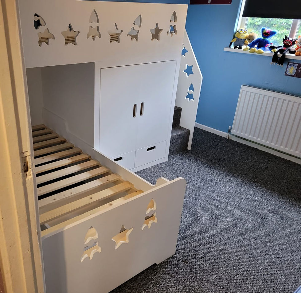 Thumbnail: High-Sleeper Height L Shape Bunk Bed with Wardrobe x2 Base Drawers