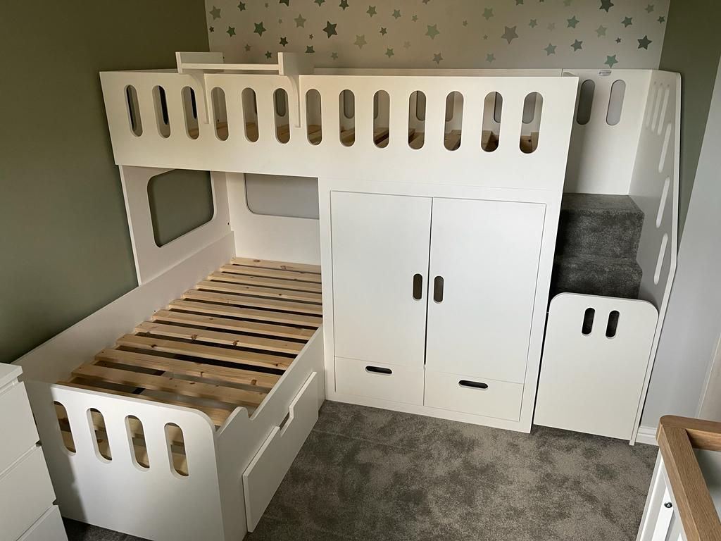 High-Sleeper Height L Shape Bunk Bed with Wardrobe x2 Base Drawers