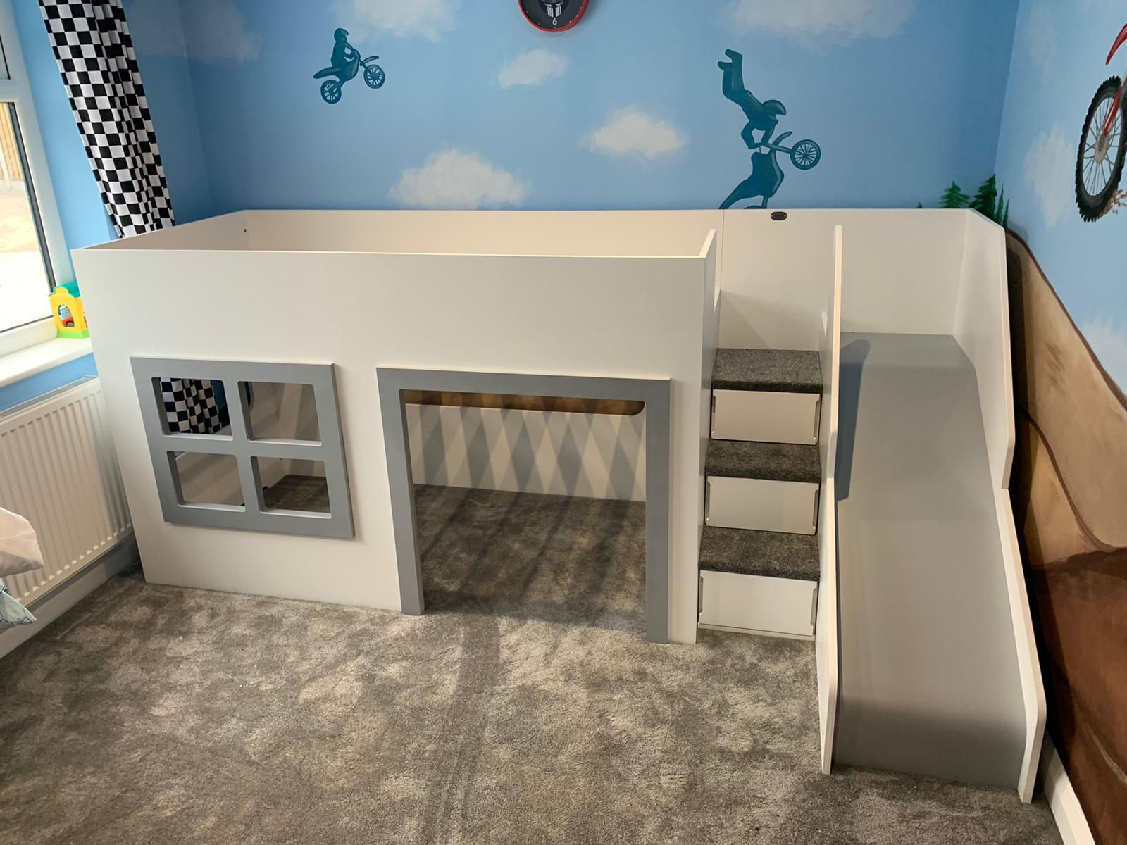 Mid- Sleeper Height Playhouse Bed & Slide any colours & lots of pattern choices
