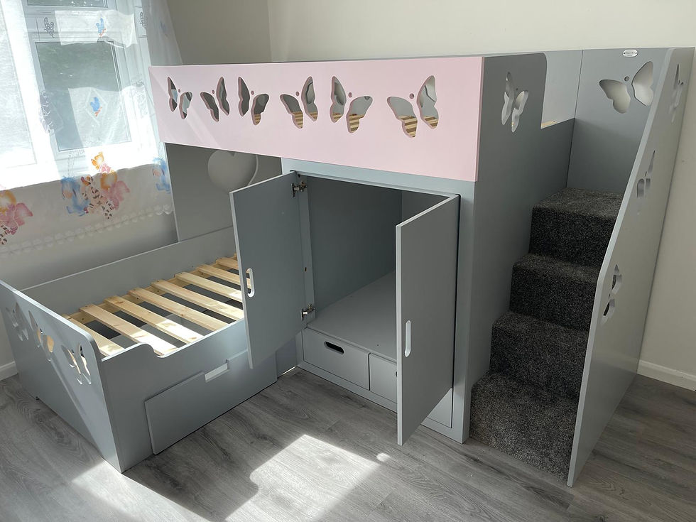 Thumbnail: High-Sleeper Height L Shape Bunk Bed with Wardrobe x2 Drawers - any colours