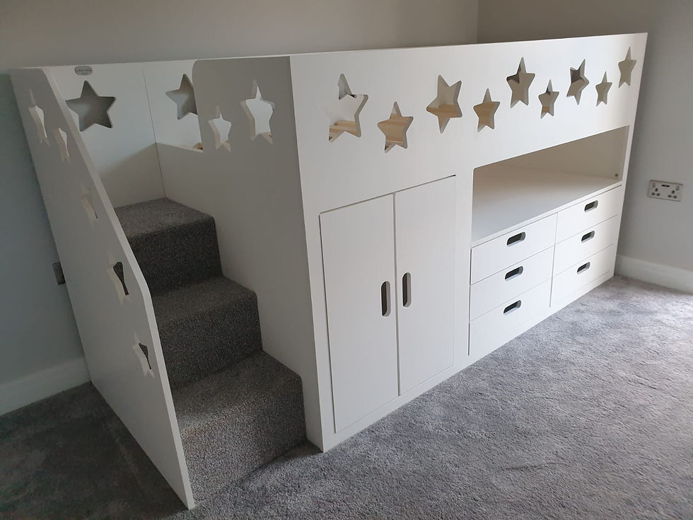 Thumbnail: Mid-Sleeper Storage Bed -  Drawers, Wardrobe & Shelving (any colours/pattern)