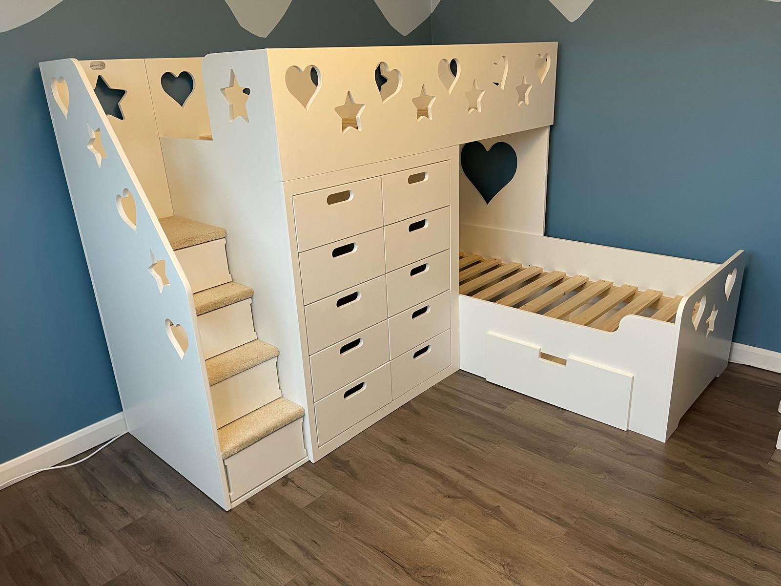 High-Sleeper Height L Shape Bunk Bed with x10 Front Drawers -any colours/pattern