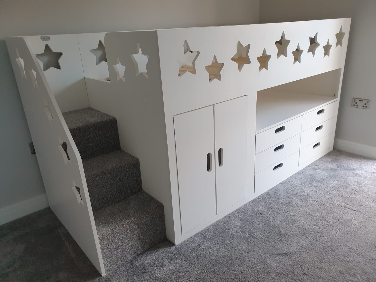 Mid-Sleeper Storage Bed - Drawers, Wardrobe & Shelving (any colours/pattern)