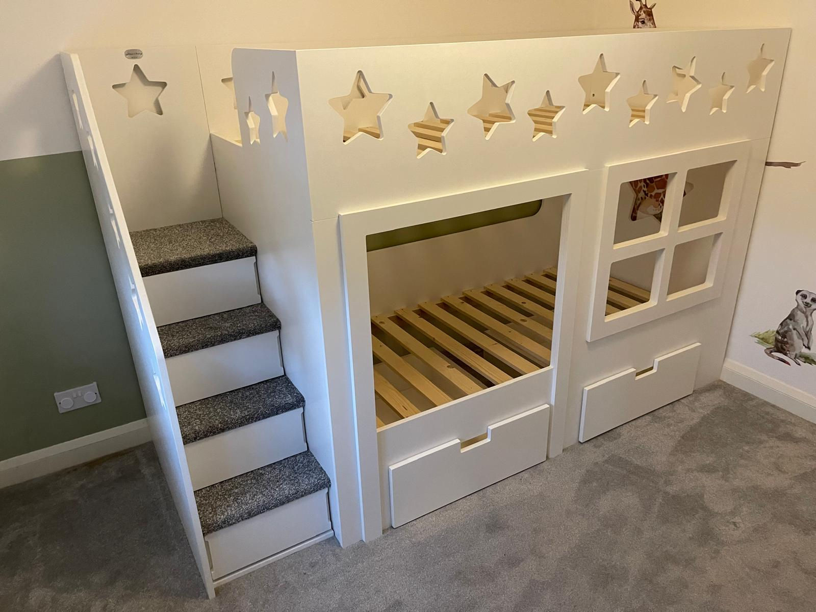 High-Sleeper Height Playhouse Bunk Bed x2 Storage Drawers -any pattern & colours