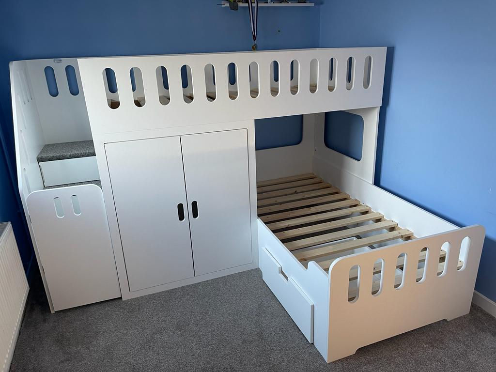 High-Sleeper Height L Shape Bunk Bed with Wardrobe (any colours/ pattern choice)